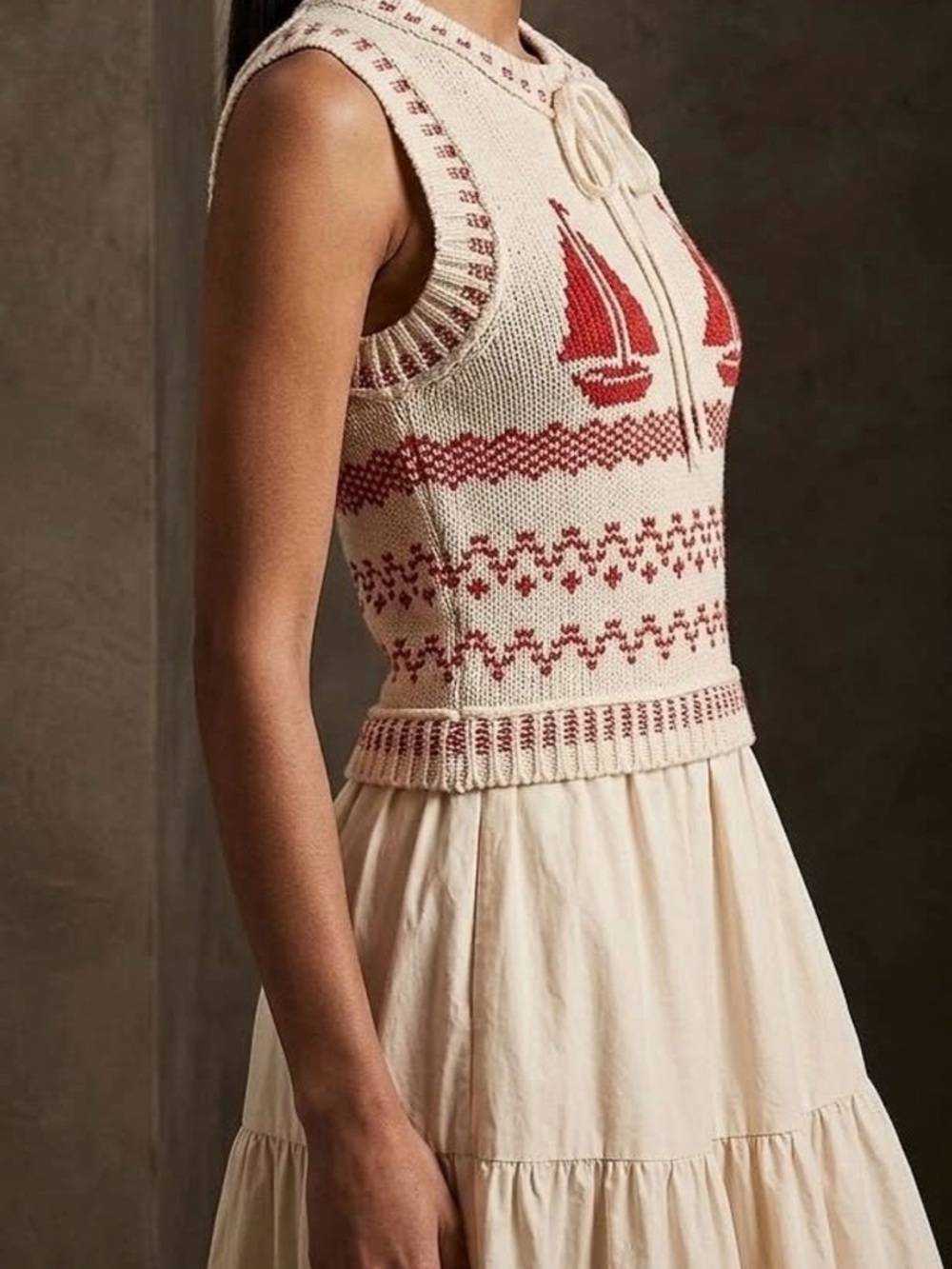 Moon River Cream Maxi Skirt with Red & Cream Knit Sailor Top - Picture 2 of 6